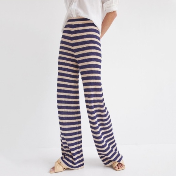 NWT Anthropologie Flat White High Rise Wide Leg Striped Flare Pants Tan/Navy - Picture 2 of 6